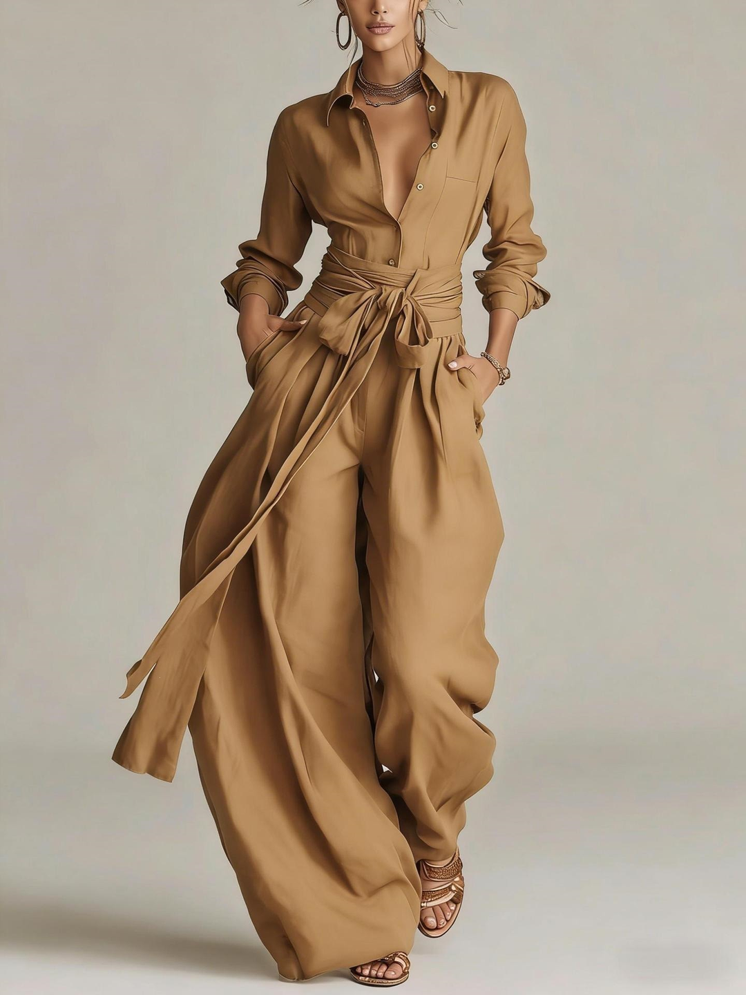 Betty tie-waist shirt and wide-leg pants two-piece set for women by Bennett and Lowe, featuring a stylish matching top and pants ensemble.