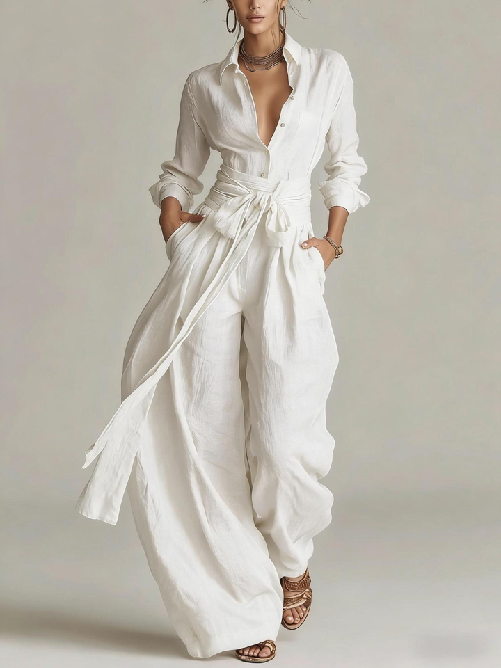 Betty two-piece set by Bennett and Lowe featuring a tie-waist shirt and wide-leg pants for women, shown on a model.