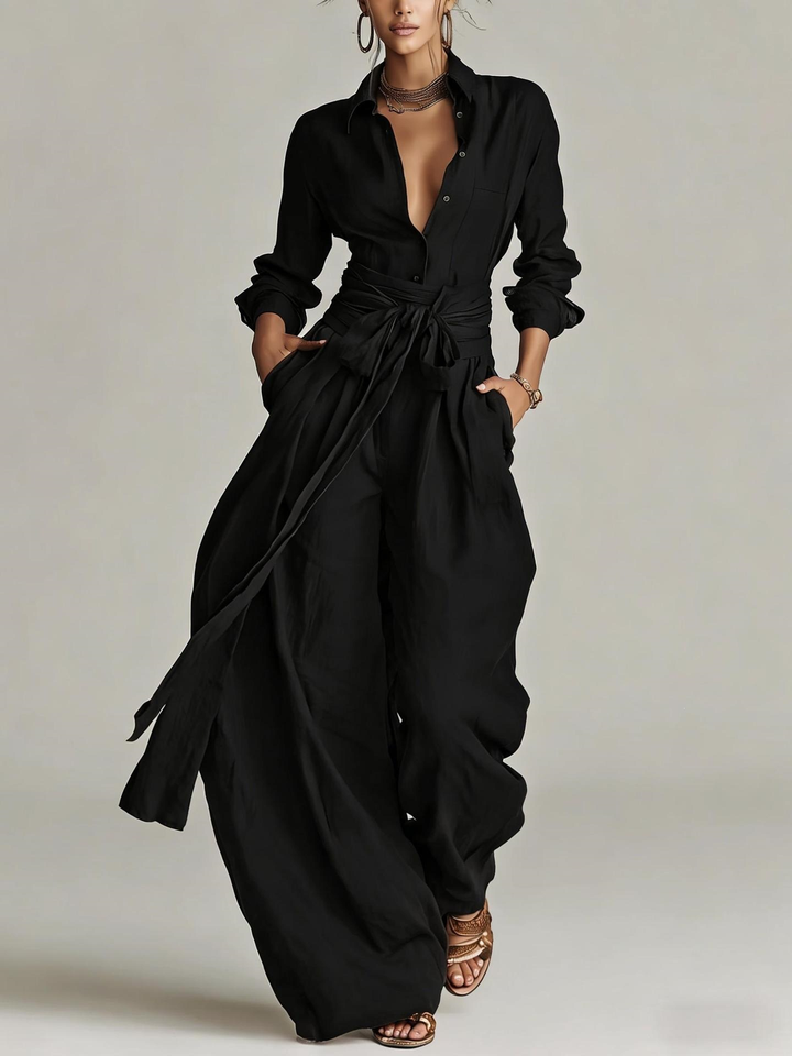 Betty two-piece set for women by Bennett and Lowe featuring a tie-waist shirt and wide-leg pants in a stylish, coordinated design.