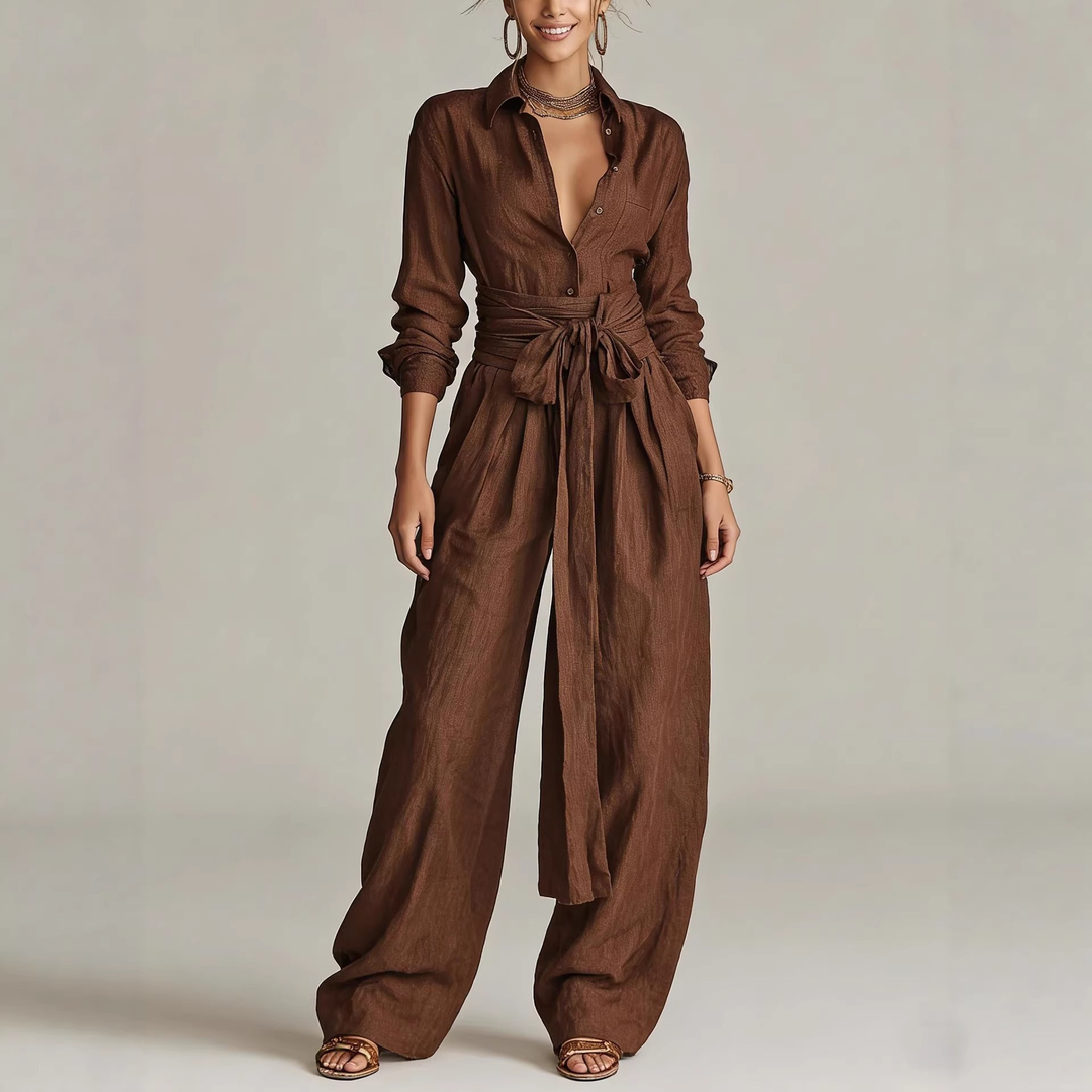 Betty two-piece set for women by Bennett and Lowe, featuring a tie-waist shirt and wide-leg pants in stylish fabric.