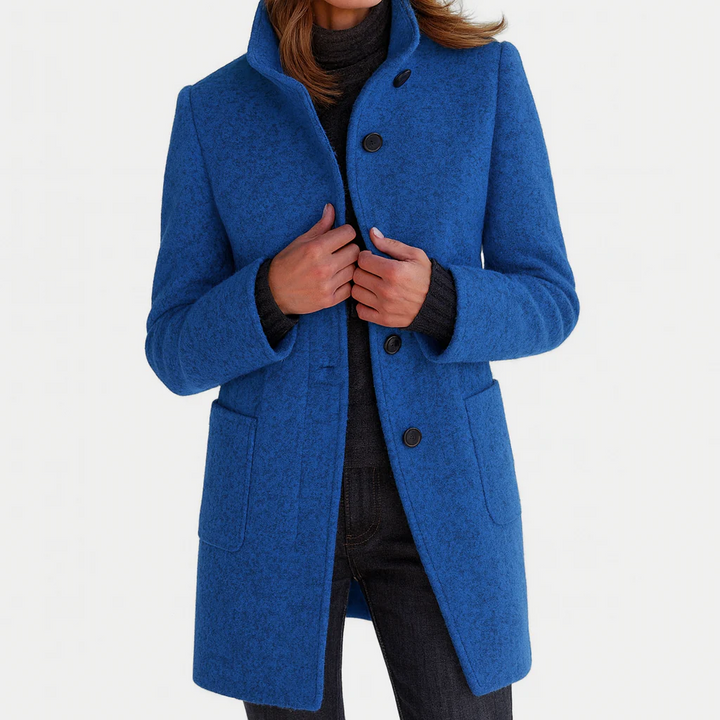 Tailored women's midi coat by Bennett and Lowe with button-front design, featuring a sleek silhouette and classic collar.