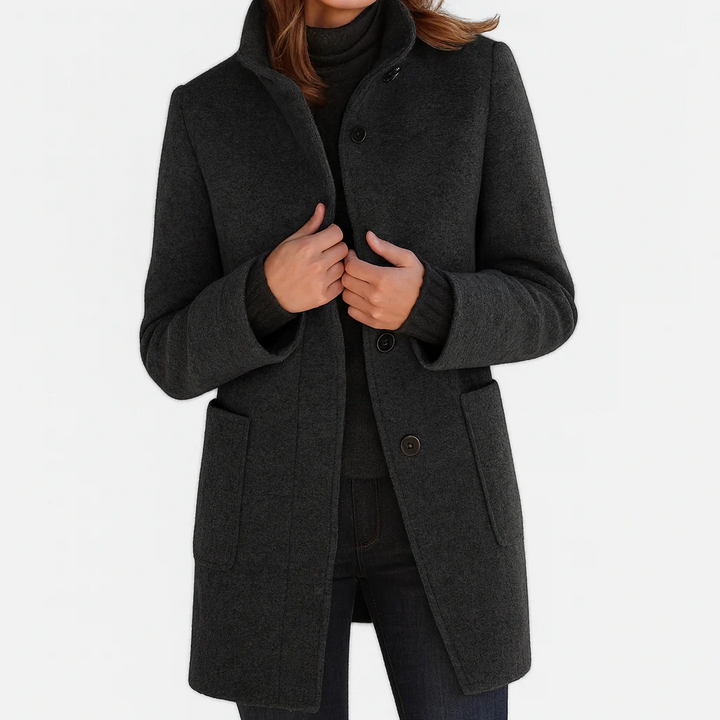 Elegant tailored midi coat for women by Bennett and Lowe, featuring button-front design and a sophisticated silhouette.