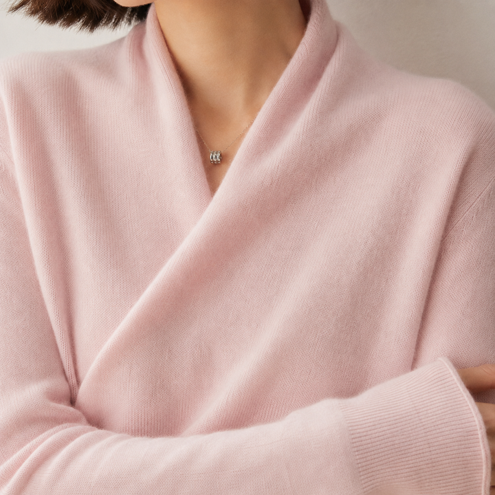 Bennett and Lowe Briony crossover shawl collar sweater in a soft, textured knit with a relaxed fit