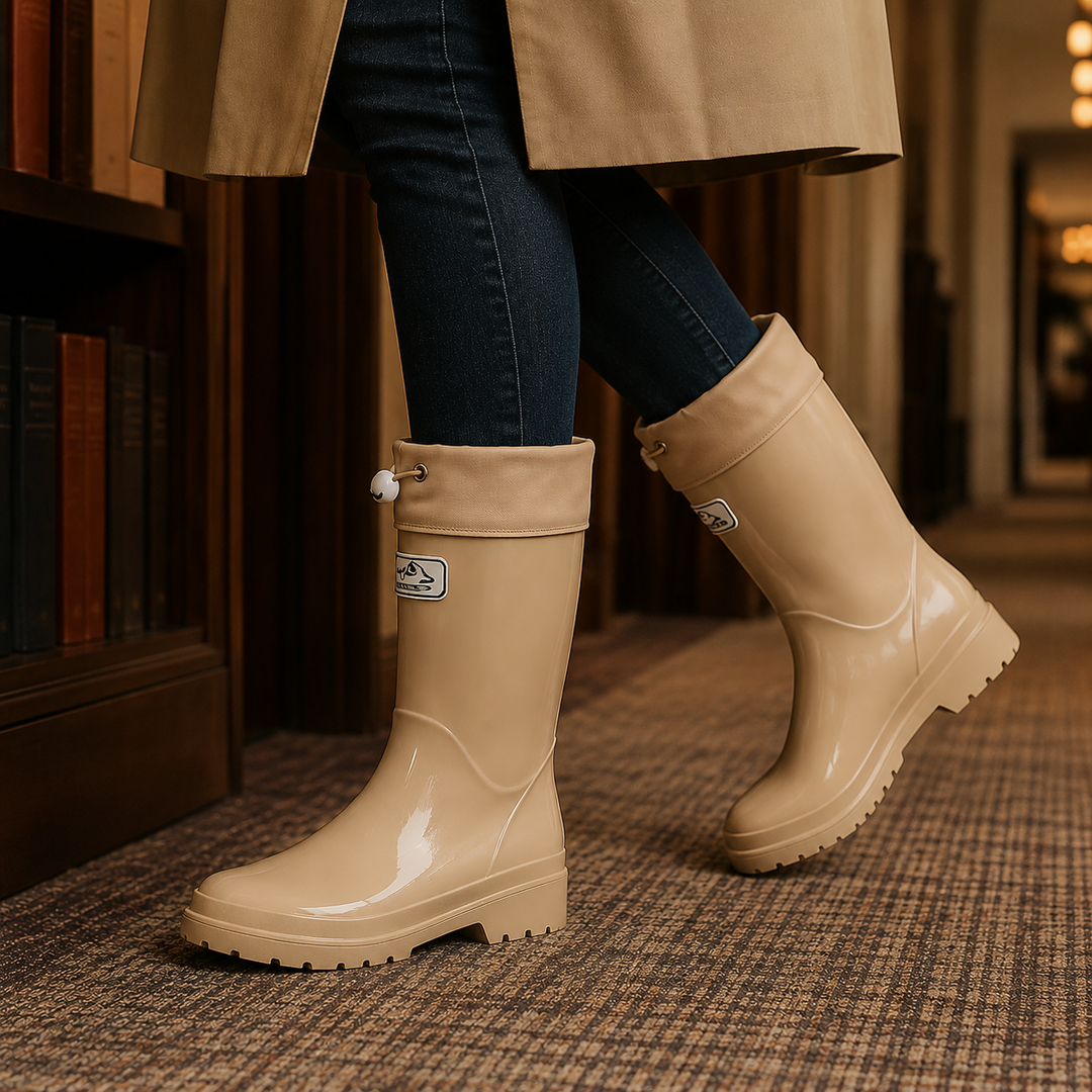 Bennett and Lowe Rosetta drawstring cuff rain boots with waterproof finish and textured outsole