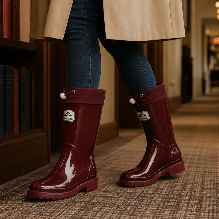 Bennett and Lowe Rosetta drawstring cuff rain boot in black with textured rubber finish