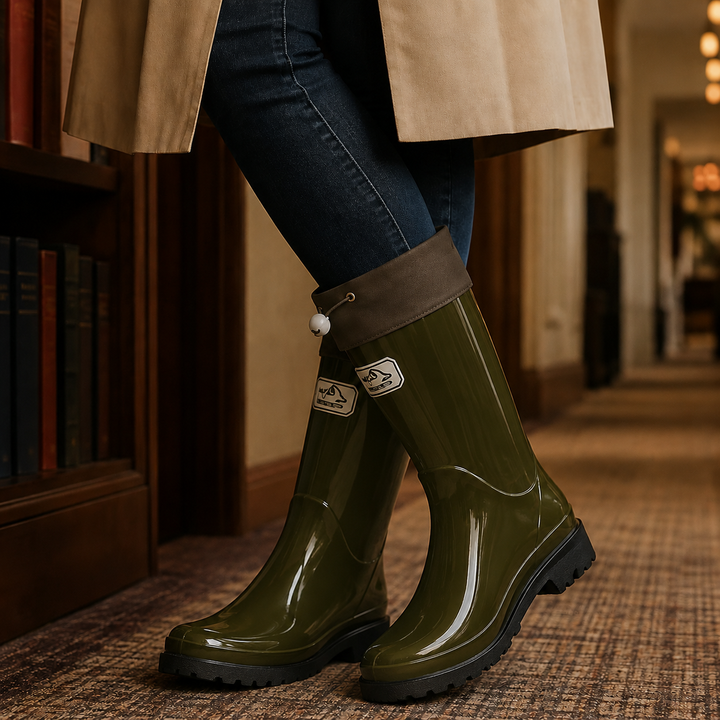 Bennett and Lowe Rosetta drawstring cuff rain boot, waterproof boot with adjustable top and sturdy sole