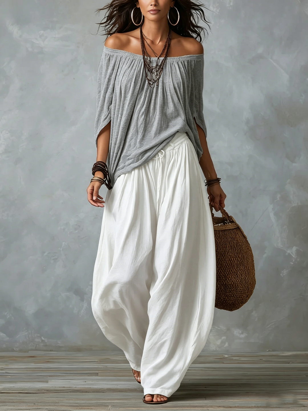 Leslie off-shoulder two-piece set by Bennett and Lowe featuring a flowing bohemian style in soft, lightweight fabric.