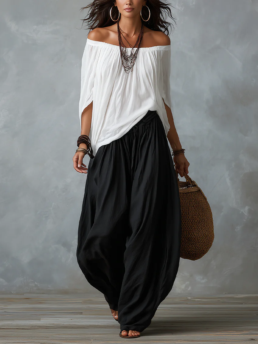 Leslie off-shoulder two-piece set by Bennett and Lowe, featuring a bohemian-inspired top and matching skirt in a fluid, relaxed style.