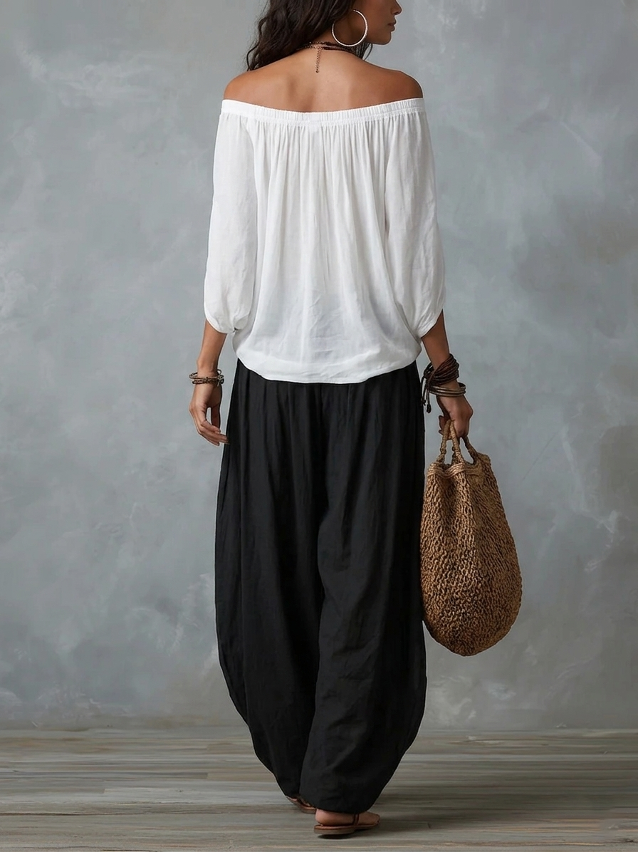 Isabella fluid bohemian off-shoulder two-piece set by Bennett and Lowe, featuring a relaxed, flowing design with matching top and skirt.