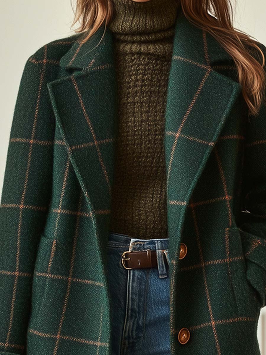 Adeline | Plaid Tweed Lapel Long-Sleeve Coat for Women