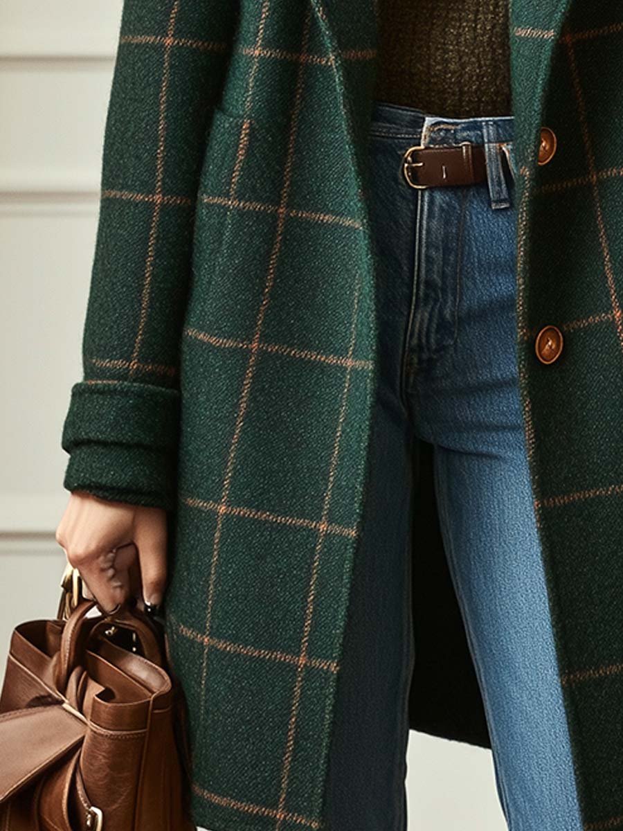 Adeline | Plaid Tweed Lapel Long-Sleeve Coat for Women