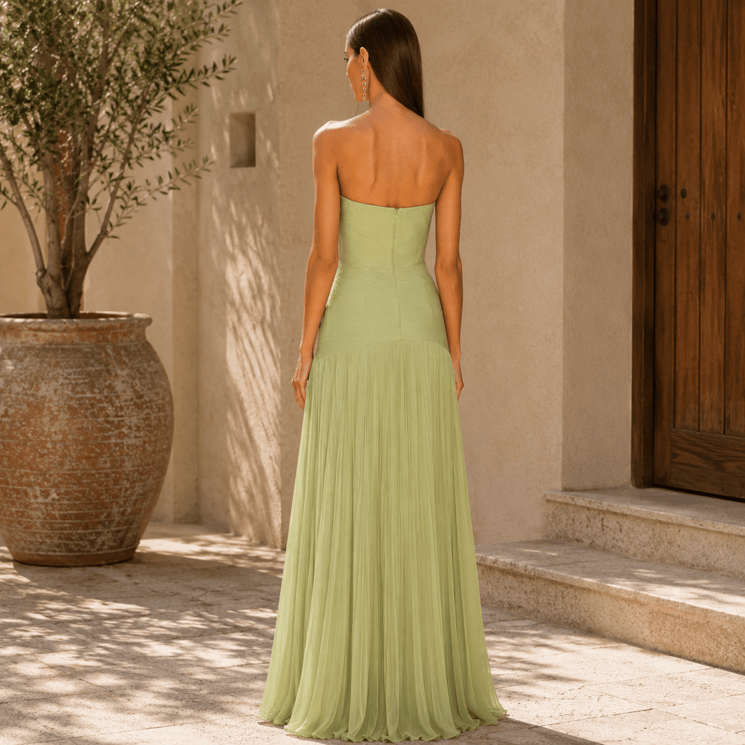 Elegant beige off-shoulder maxi dress by Bennett and Lowe, featuring flowing fabric and a stylish, relaxed fit for women.