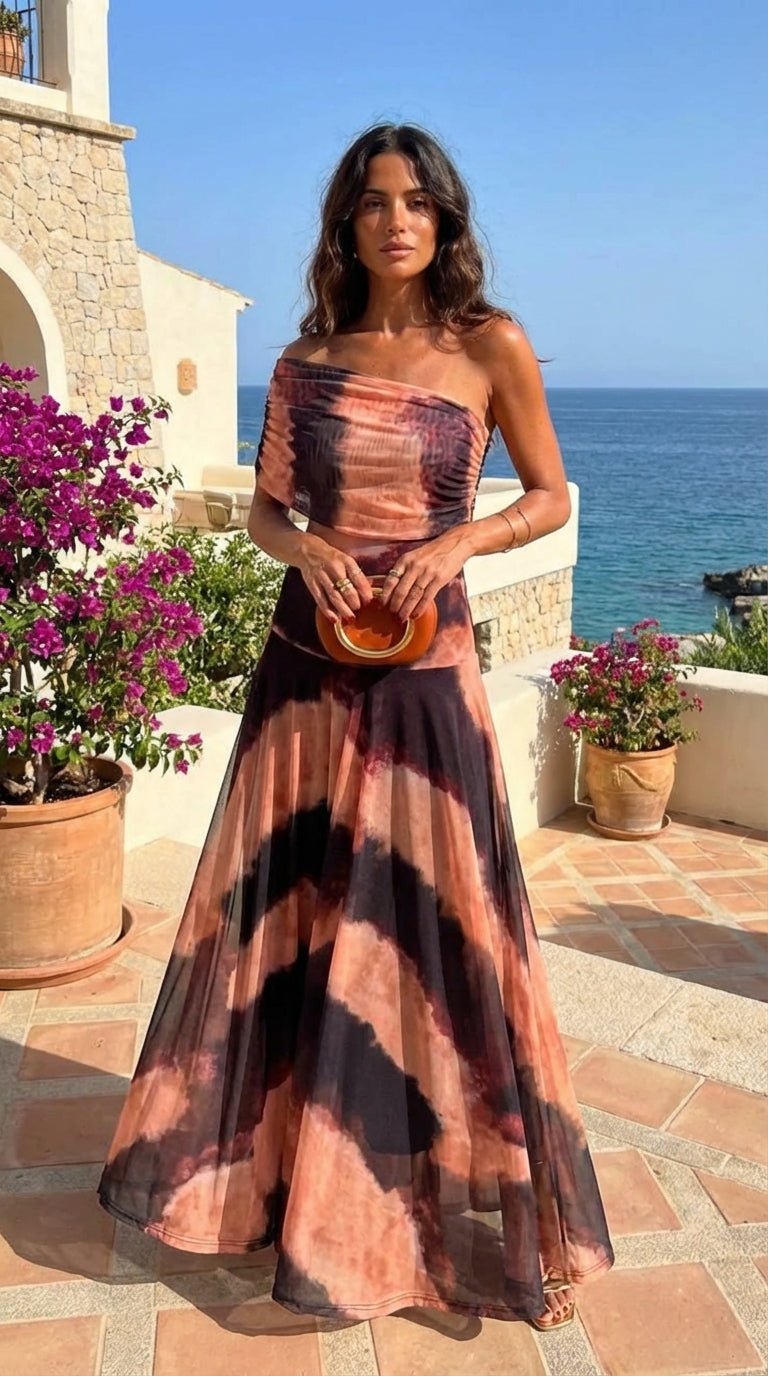Bianca orange and brown print maxi dress for women by Bennett and Lowe, flowing fabric with vibrant pattern and long length.