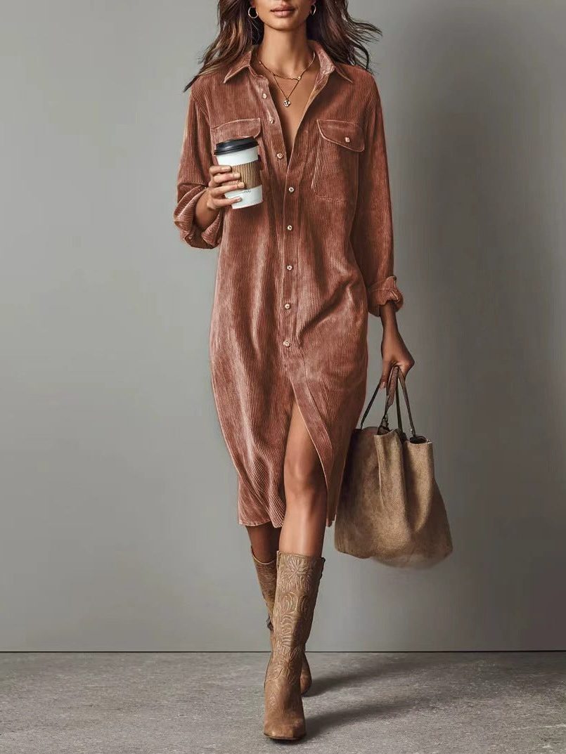 Bennett and Lowe Bryony button-down midi shirt dress in corduroy with side slit