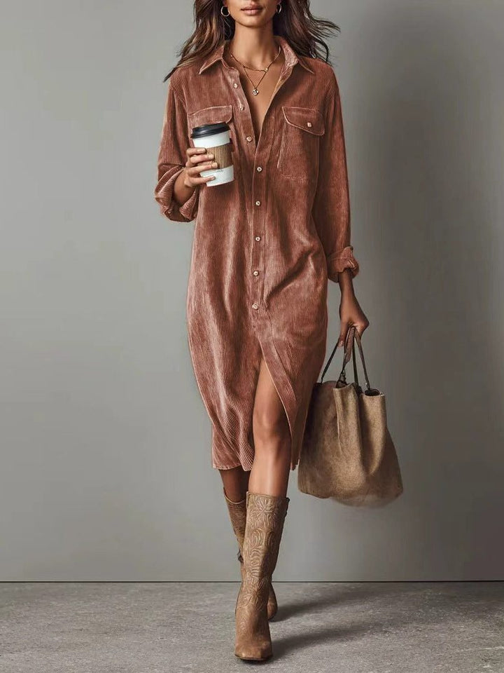 Bennett and Lowe Bryony button-down midi shirt dress in corduroy with side slit