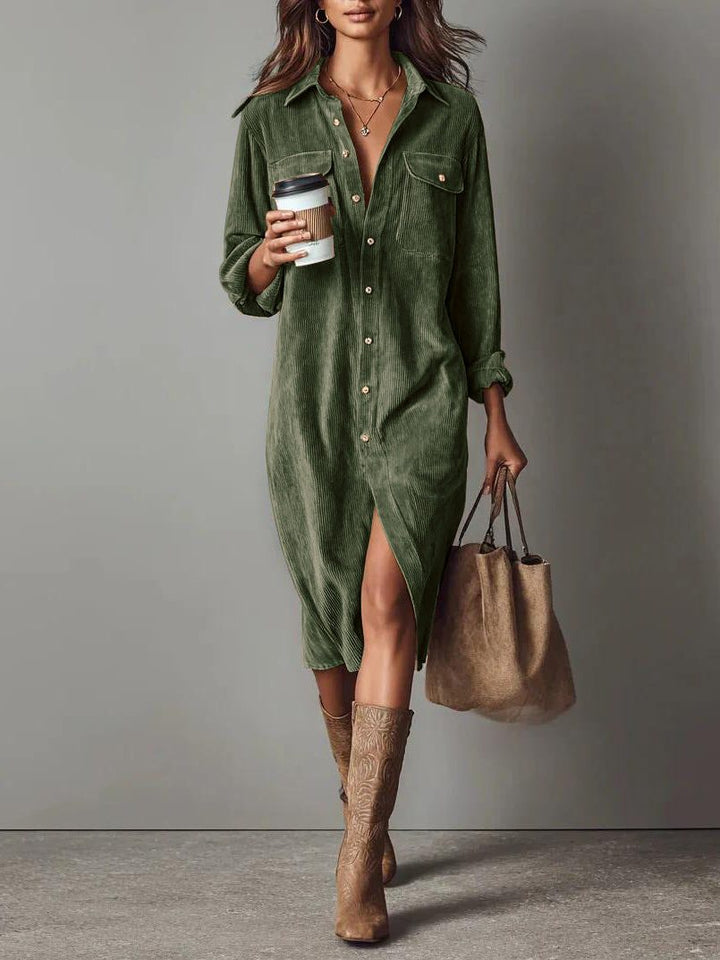 Bennett and Lowe Bryony button-down midi shirt dress with side slit in corduroy