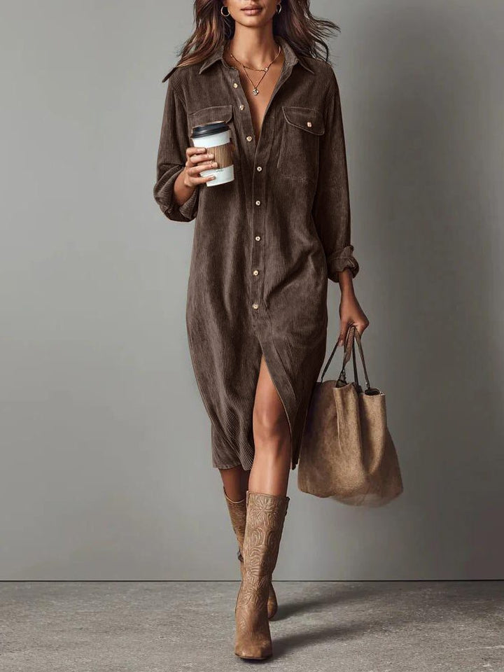 Bennett and Lowe Bryony button-down midi shirt dress with side slit and corduroy texture