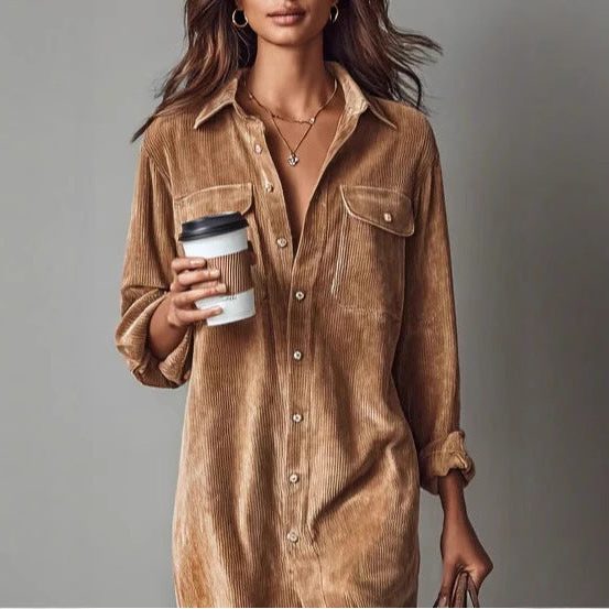 Bennett and Lowe Bryony button-down midi shirt dress with side slit in corduroy, front view