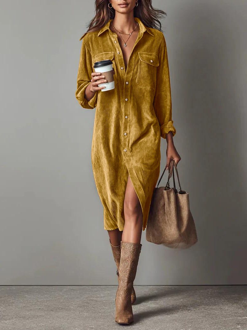 Bennett and Lowe Bryony button-down midi shirt dress with side slit in corduroy