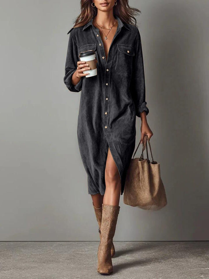 Bennett and Lowe Bryony button-down midi shirt dress in corduroy with side slit