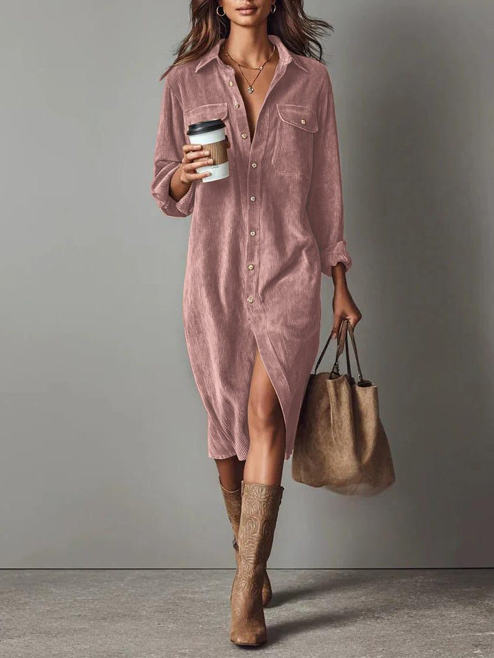Bennett and Lowe Bryony button-down midi shirt dress with side slit in corduroy
