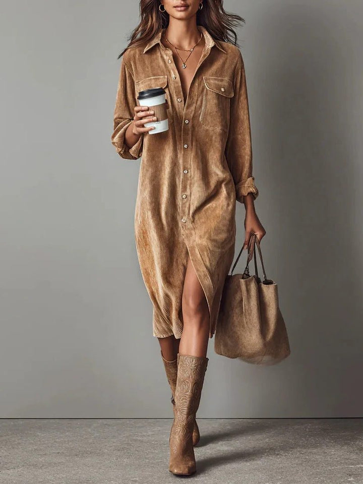 Bennett and Lowe Bryony button-down midi shirt dress with side slit in corduroy velvety fabric