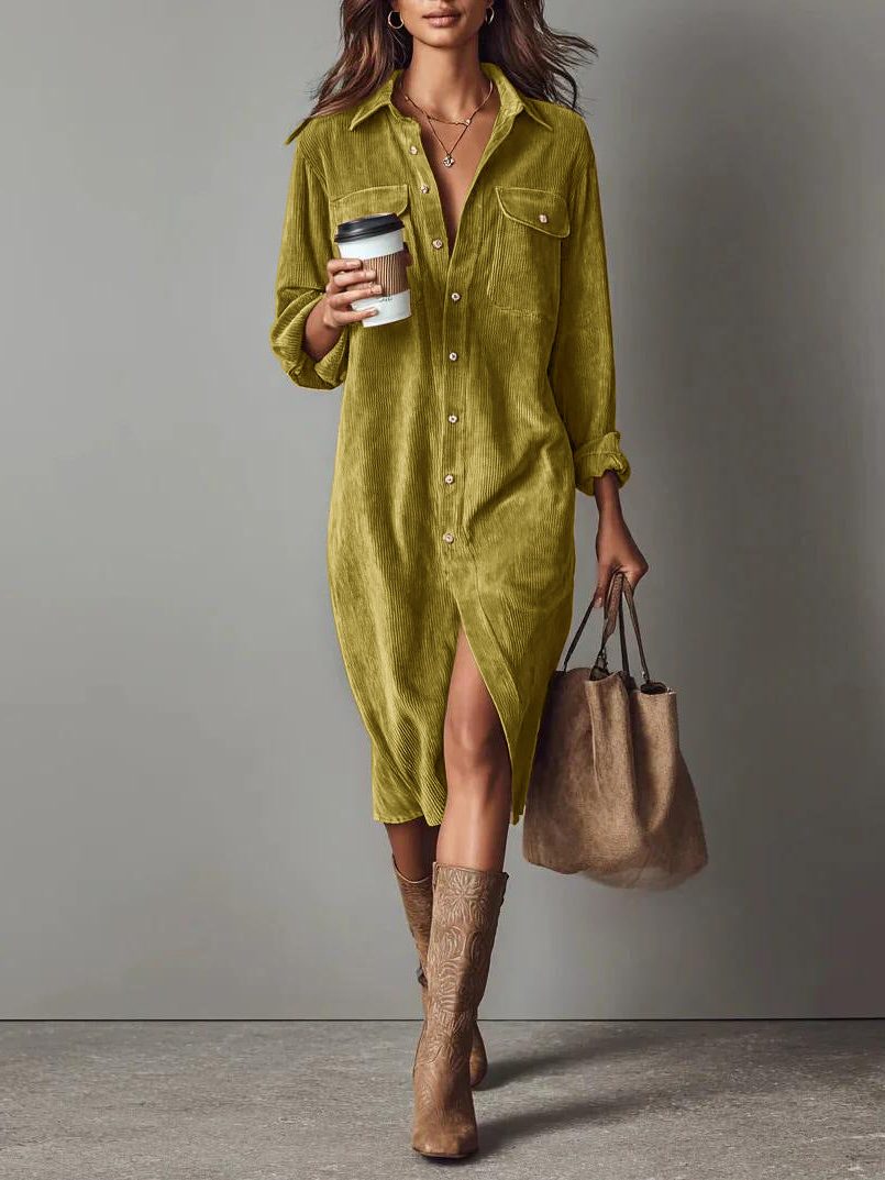Bennett and Lowe Bryony button-down midi shirt dress with side slit and corduroy texture