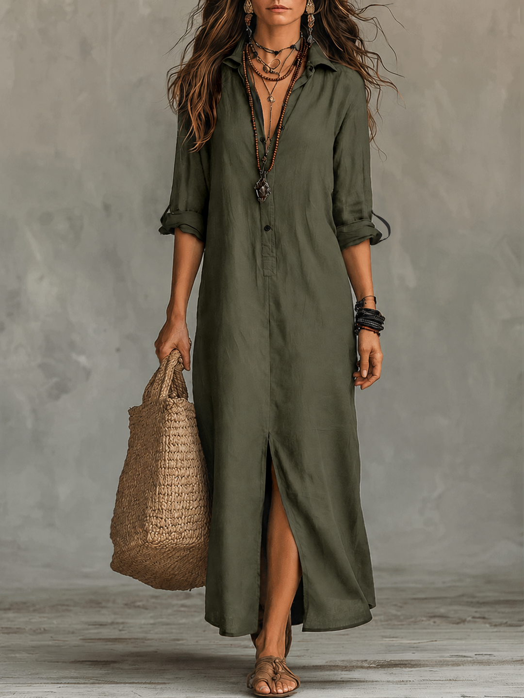 Olivia Newyork Naomi bohemian maxi dress with button-front design, flowy fabric and country-inspired style.