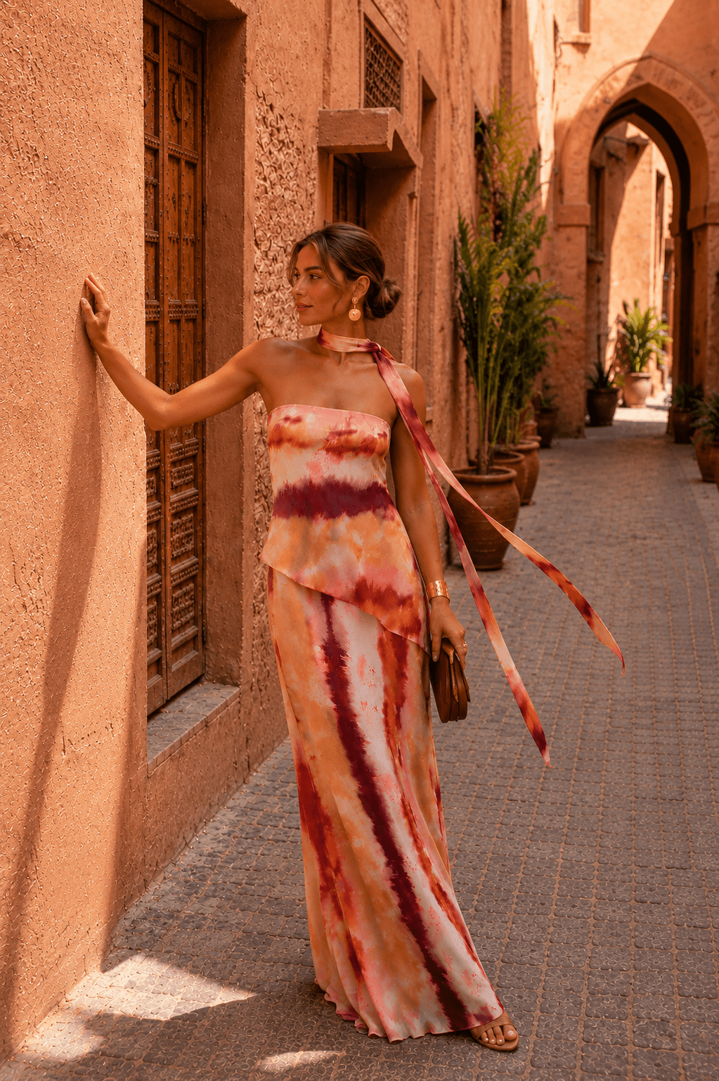 Printed strapless maxi dress for women by Bennett and Lowe, featuring a flowing silhouette and vibrant pattern.