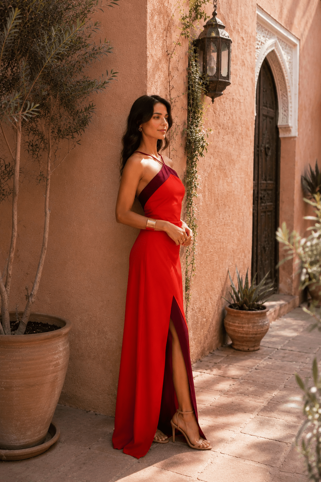 Elegant black halter-neck maxi dress with side slit by Bennett and Lowe, imported, designed for women.