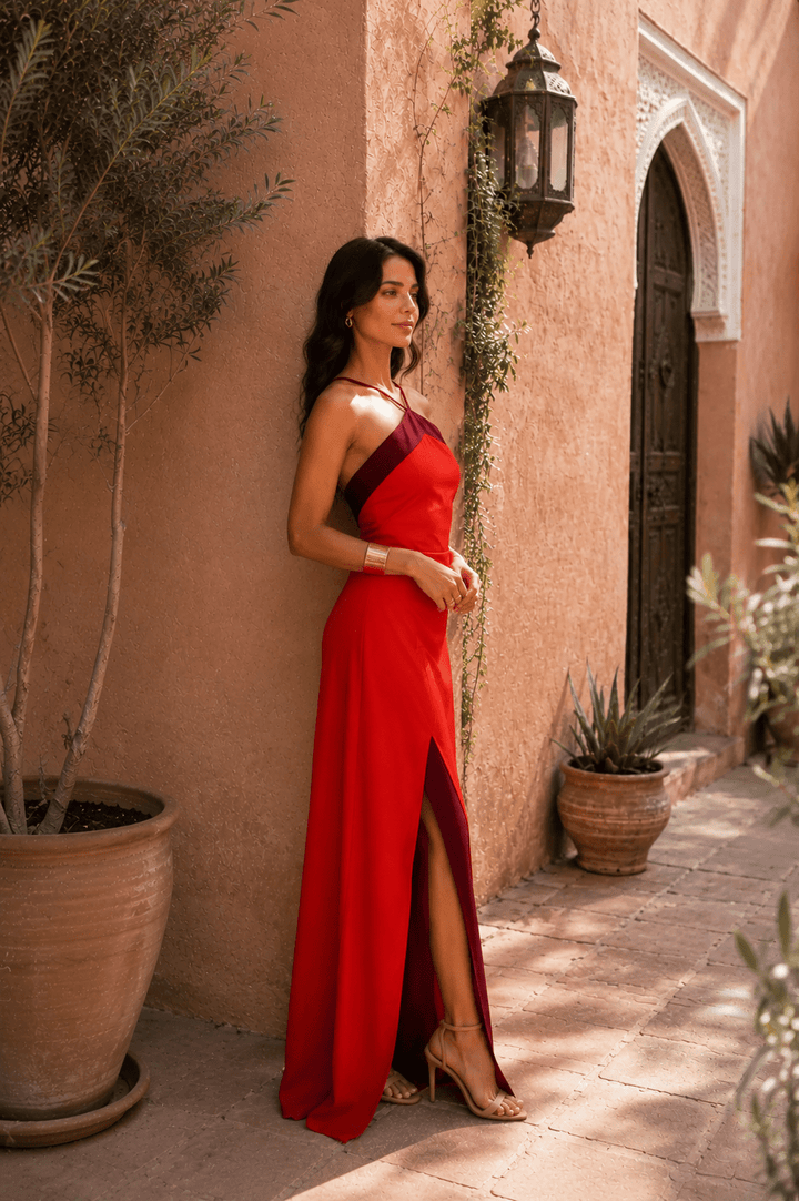 Elegant black halter-neck maxi dress with side slit by Bennett and Lowe, imported, designed for women.