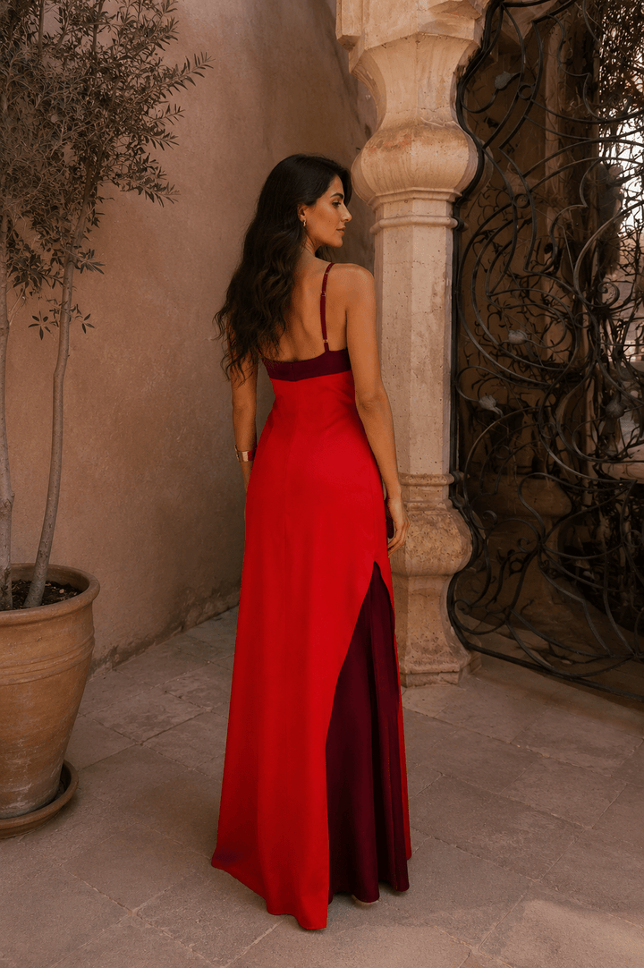 Imported Bennett and Lowe Elisa halter-neck maxi dress with slit, flowing fabric, and elegant design for women.