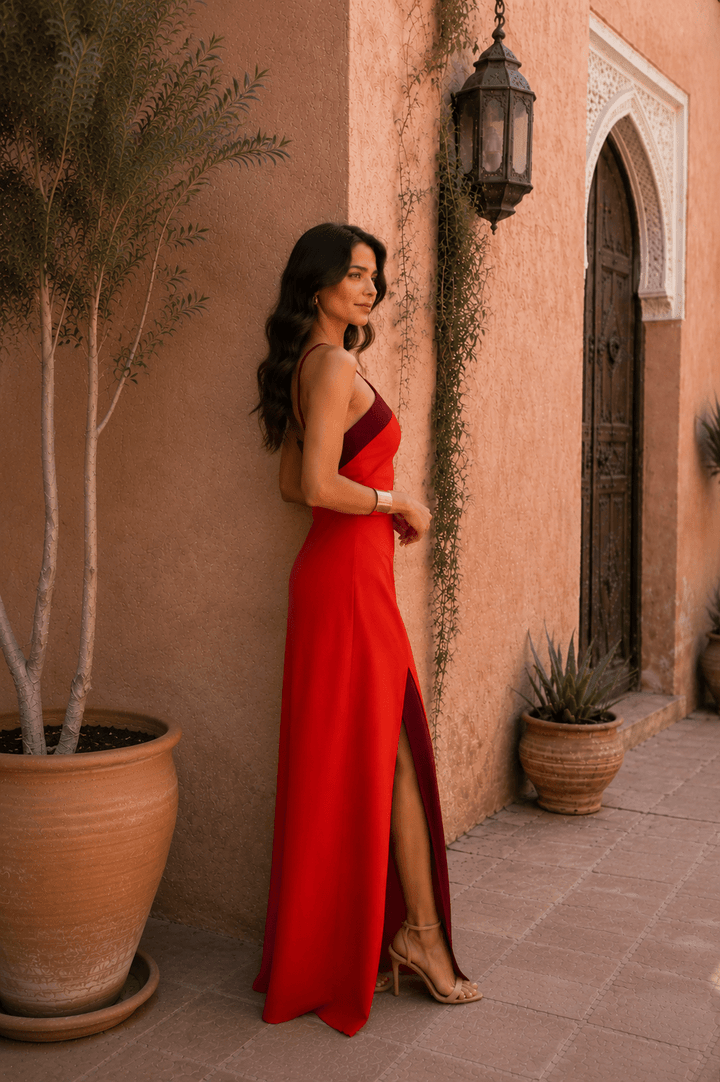 Imported Bennett and Lowe Elisa halter-neck slit maxi dress for women, featuring a flowing silhouette and stylish design.