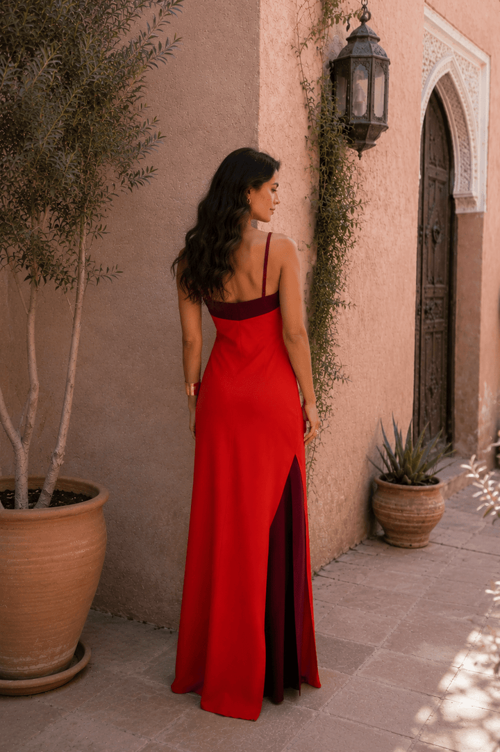 Imported Bennett and Lowe Elisa halter-neck slit maxi dress for women, featuring a flowing silhouette and elegant design.