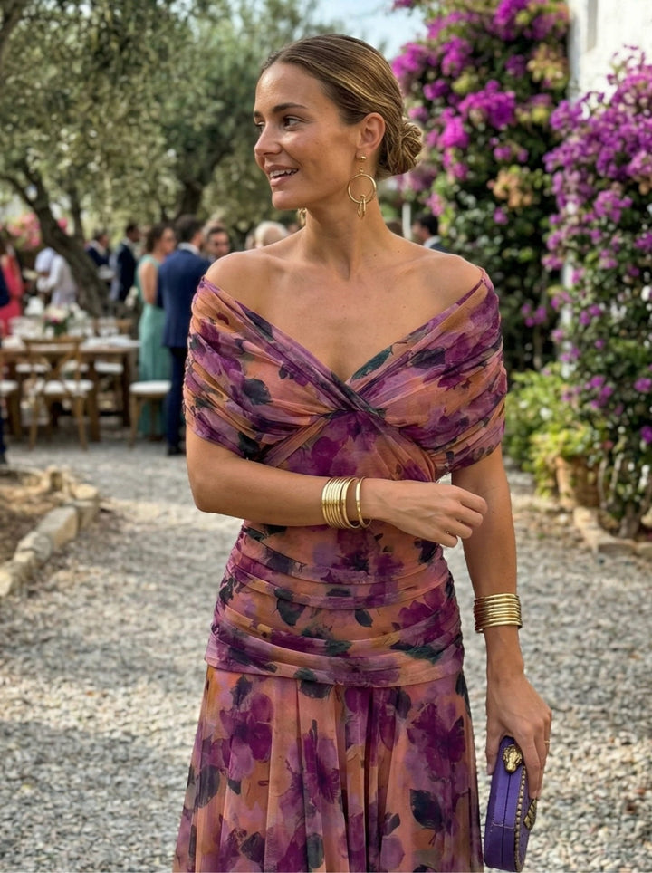 Paula Bennett and Lowe V-neck maxi dress for women, long flowing dress with a V-neckline and elegant design.