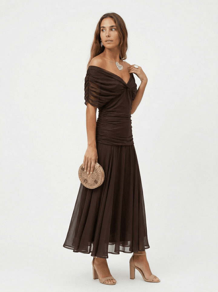 Bennett and Lowe Paula V-neck maxi dress for women, flowing long dress with V-neckline and elegant silhouette.