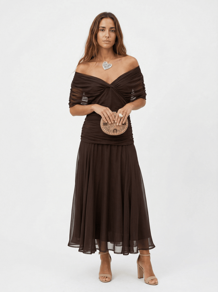 Bennett and Lowe Paula V-neck maxi dress for women in flowing fabric, featuring a long skirt and elegant V-neckline.
