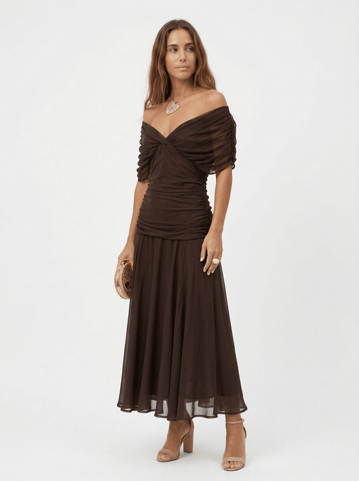 Bennett and Lowe Paula V-Neck Maxi Dress for Women, elegant long dress with V-neckline and flowing fabric.