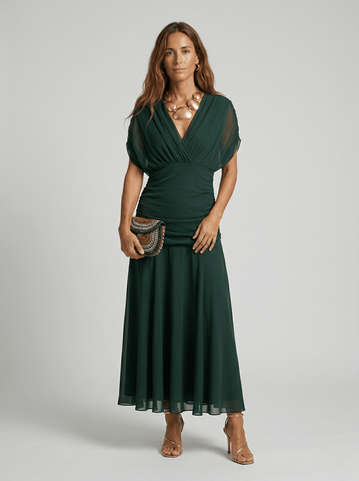 Bennett and Lowe Paula V-neck maxi dress for women, flowing long dress with V-neckline and elegant style, shown in the image