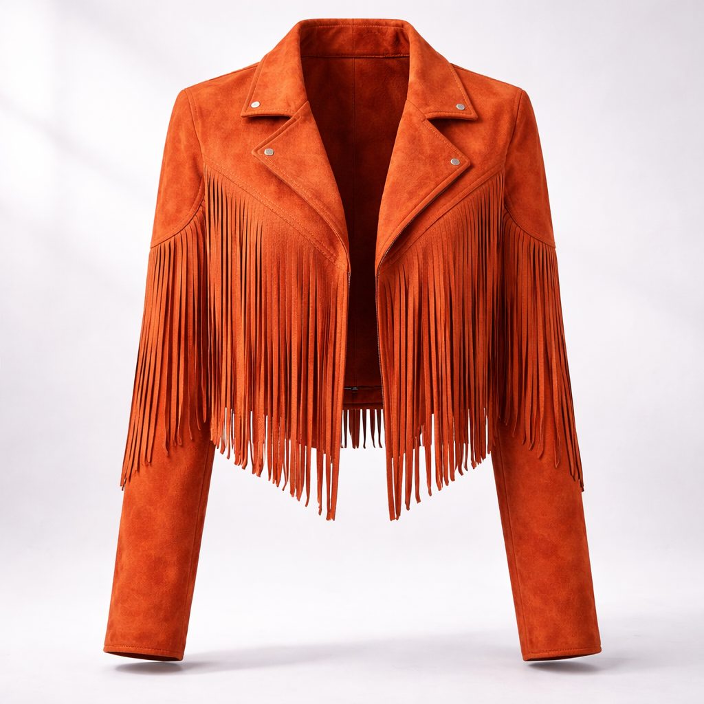Bennett and Lowe Sunniva cropped fringe moto jacket in suede-style brown finish