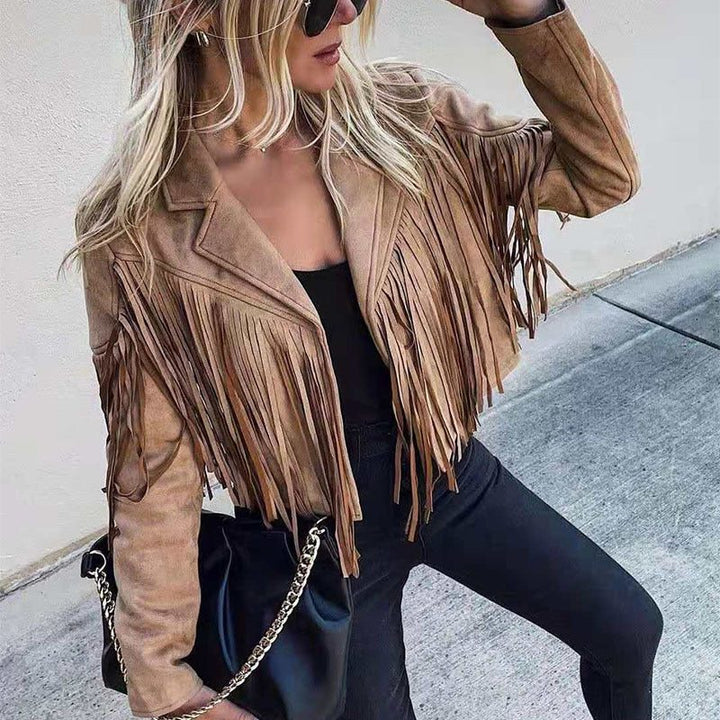 Bennett and Lowe Sunniva cropped fringe moto jacket in suede with boho-inspired detailing