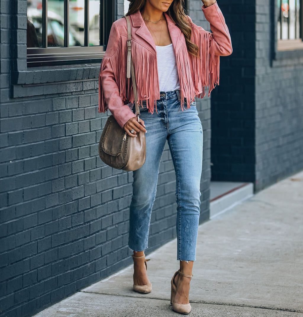 Bennett and Lowe cropped fringe moto jacket in textured suede with boho-inspired detailing