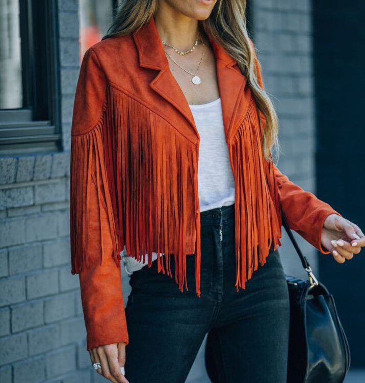 Bennett and Lowe cropped fringe moto jacket in tan suede with western-inspired detailing