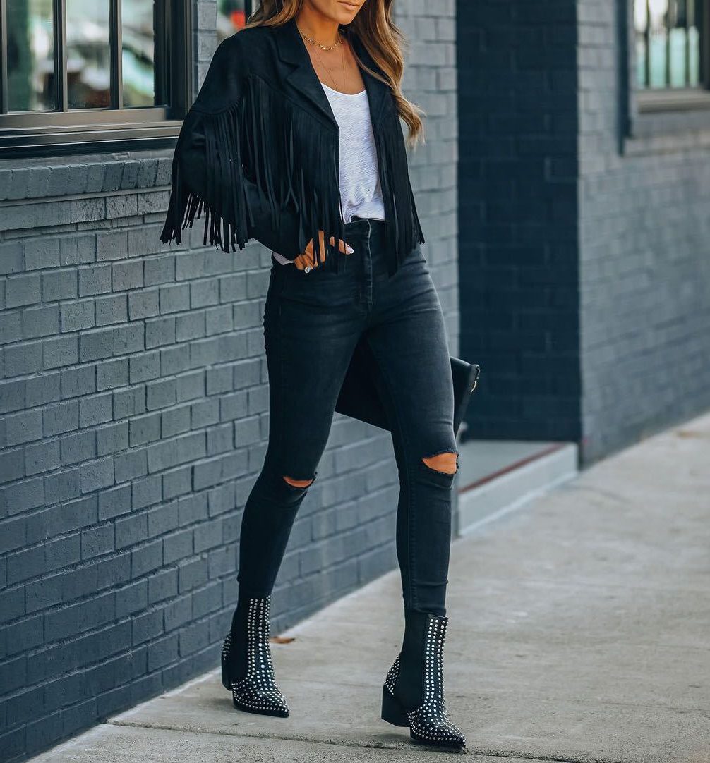 Bennett and Lowe Sunniva cropped fringe moto jacket in suede, front view