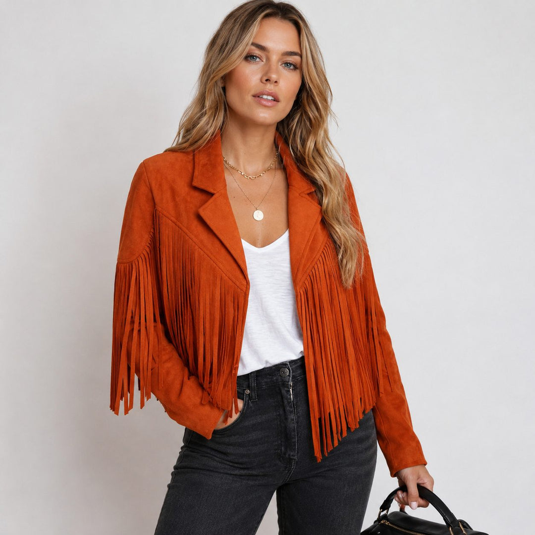Bennett and Lowe Sunniva cropped fringe moto jacket in suede with boho detailing