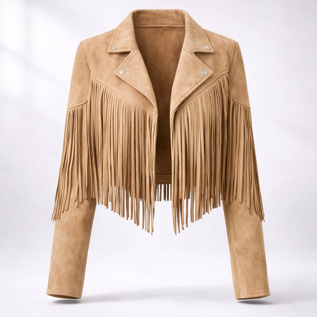 Bennett and Lowe cropped fringe moto jacket in suede with boho detailing for women