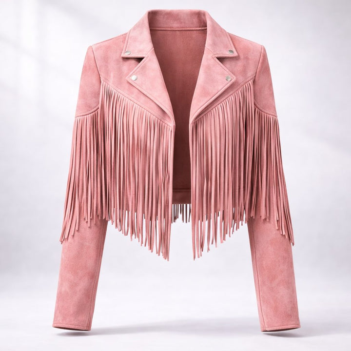 Bennett and Lowe Sunniva cropped fringe moto jacket in suede, front view for women