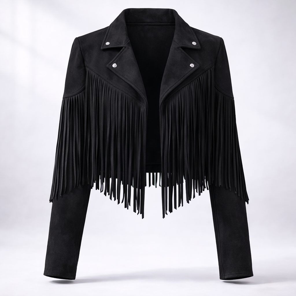 Bennett and Lowe cropped fringe moto jacket in soft suede, featuring boho-inspired fringe detailing