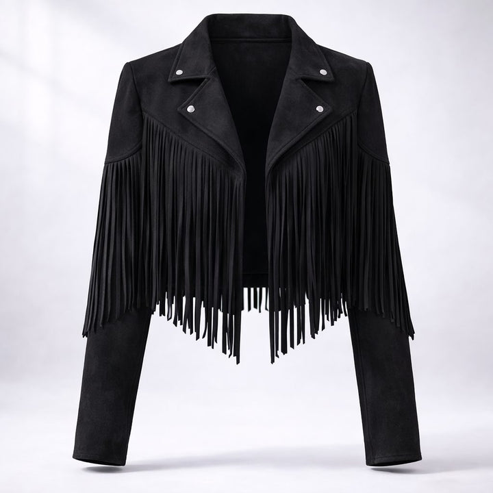 Bennett and Lowe cropped fringe moto jacket in soft suede, featuring boho-inspired fringe detailing