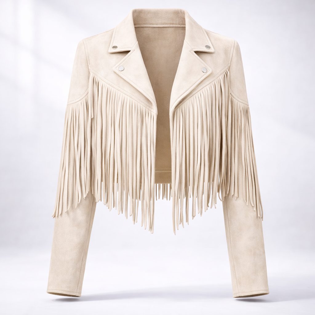 Bennett and Lowe Sunniva cropped fringe moto jacket in suede with boho-inspired detailing